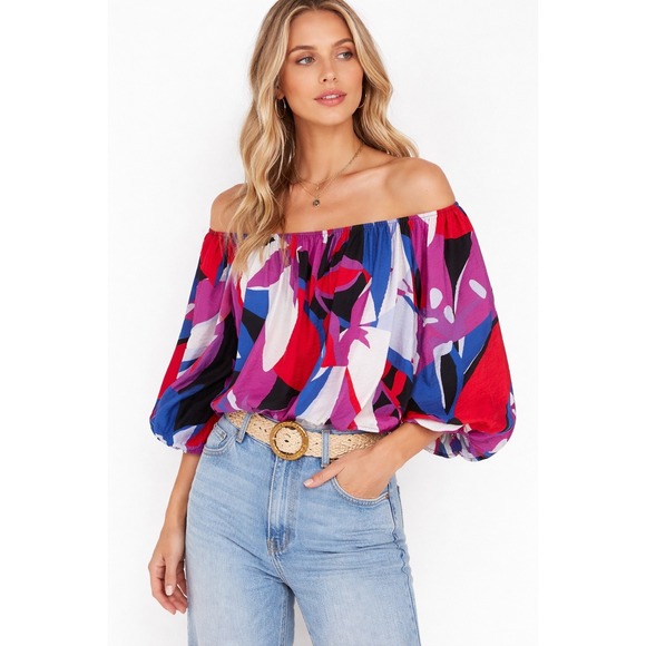 Nine West Tops - Nine West Womens XXL Abstract Print Off The Shoulder Balloon Sleeve Blouse Pink